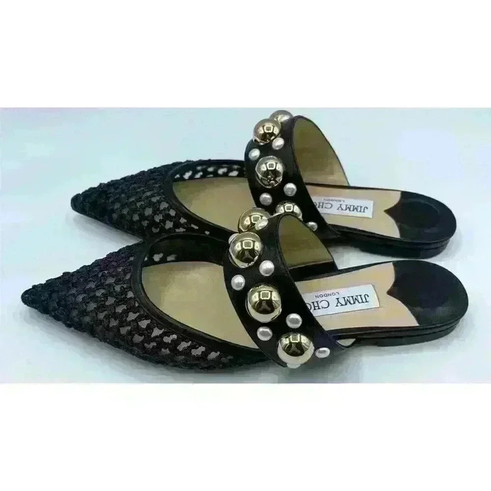 Jimmy Choo Black Basette Raffia Pearl Embellished Flat Mules Size 37.5 - Picture 5 of 8